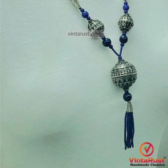Blue Beaded Pendant Necklace with Silver Tribal Charms and Tassels - Picture 8 of 14